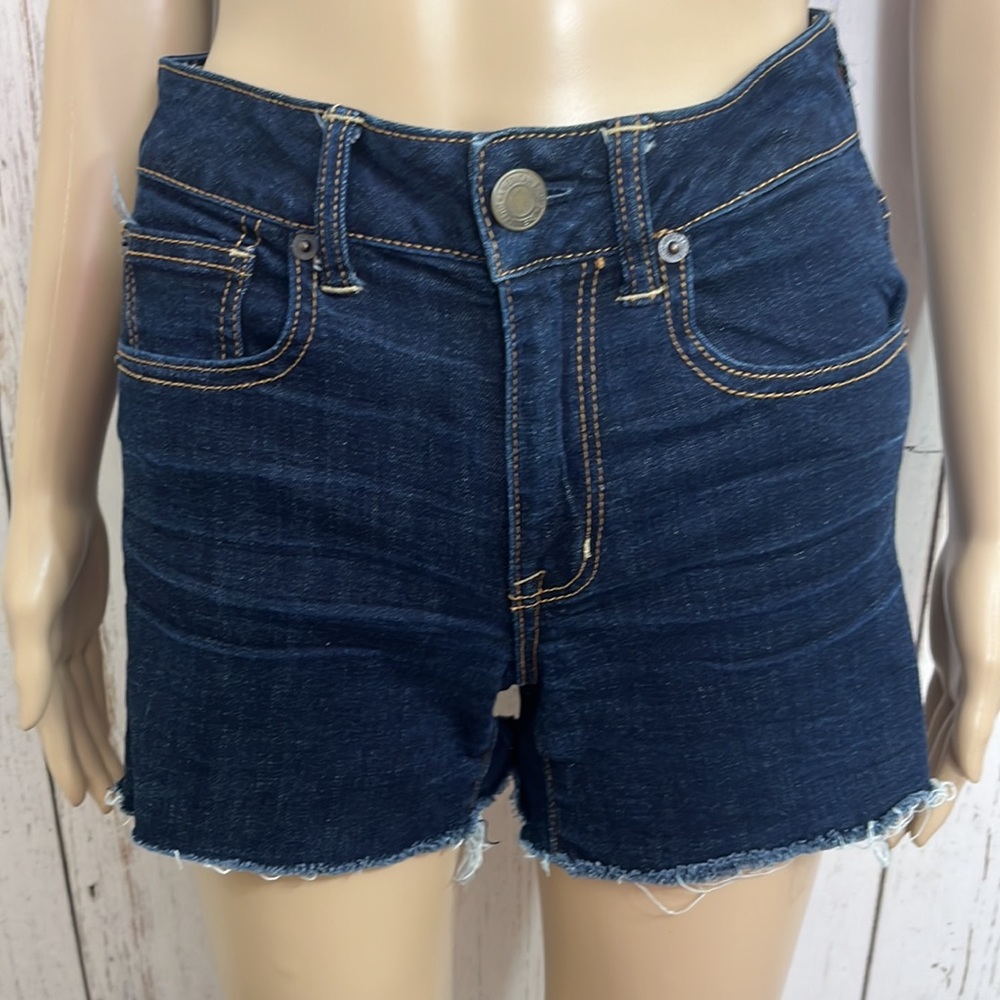 AEO Super Stretch Dark Wash Denim Shorts Cut Off Hem Size 2
